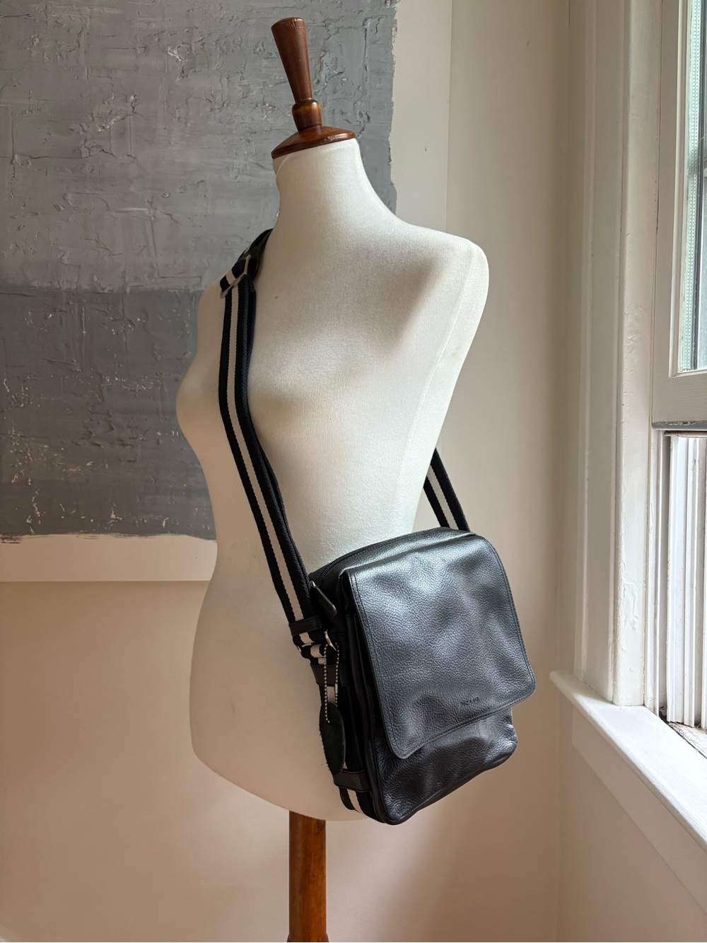 Picard Black Leather Messenger Bag with Striped Adjustable Strap